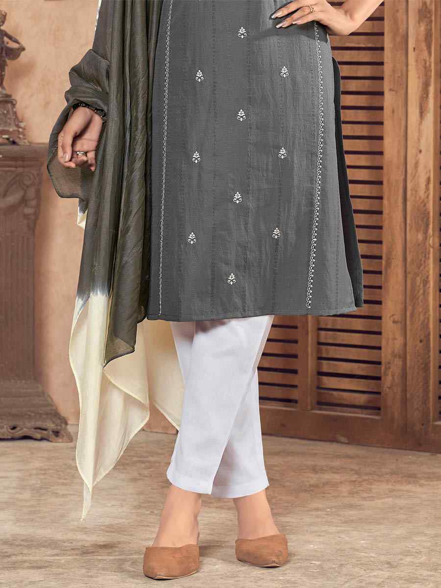 Grey Pure Viscose Embroidered Festival Casual Ready Pant Salwar Kameez
