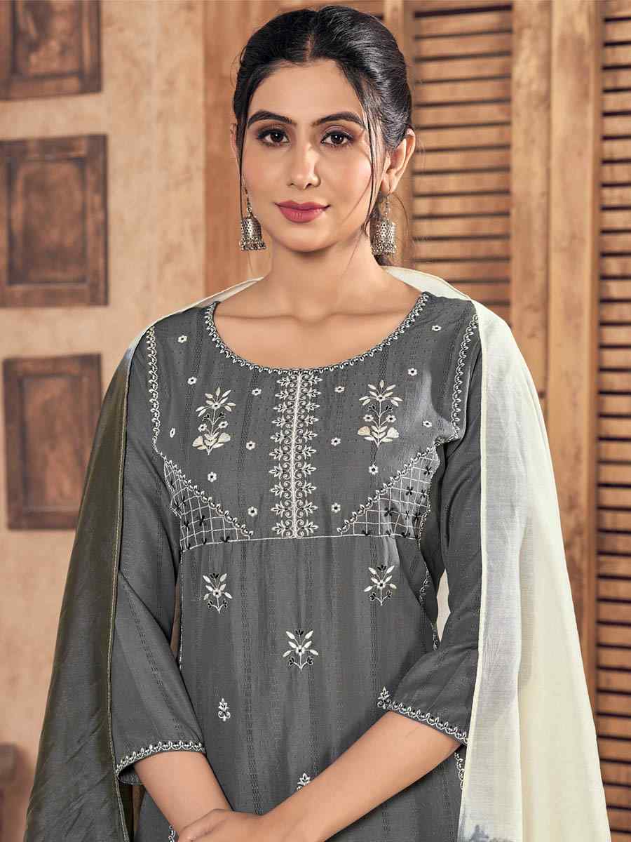 Grey Pure Viscose Embroidered Festival Casual Ready Pant Salwar Kameez