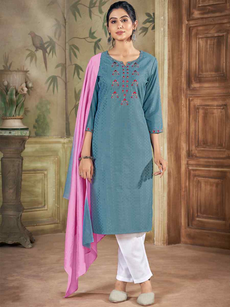 Grey Pure Viscose Embroidered Festival Casual Ready Pant Salwar Kameez