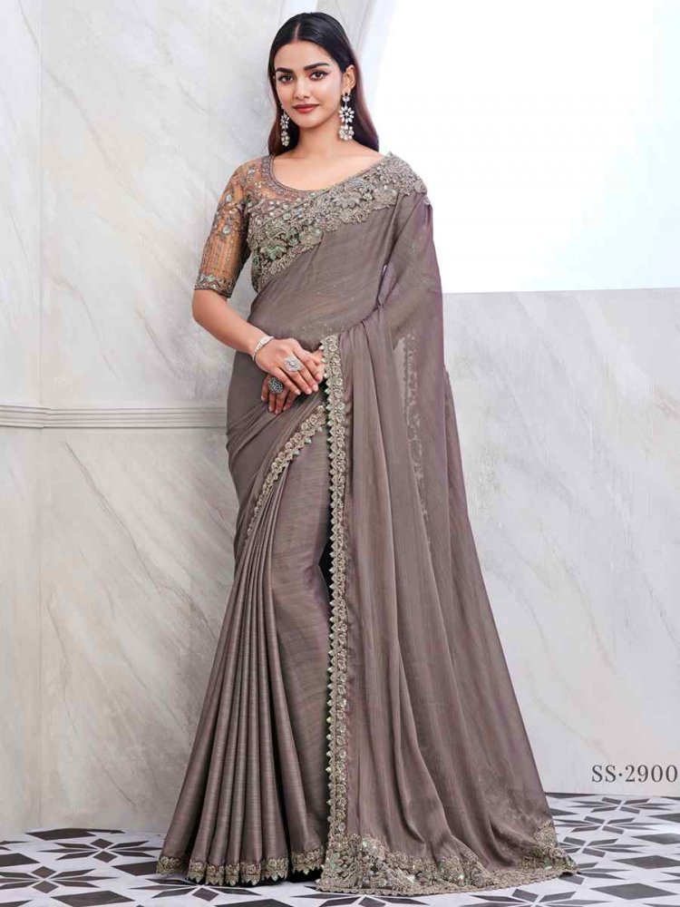 Grey Rainbow Silk Embroidered Bridesmaid Reception Heavy Border Saree