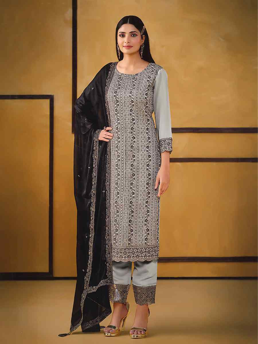 Grey Rangoli Silk Embroidered Festival Wedding Pant Salwar Kameez