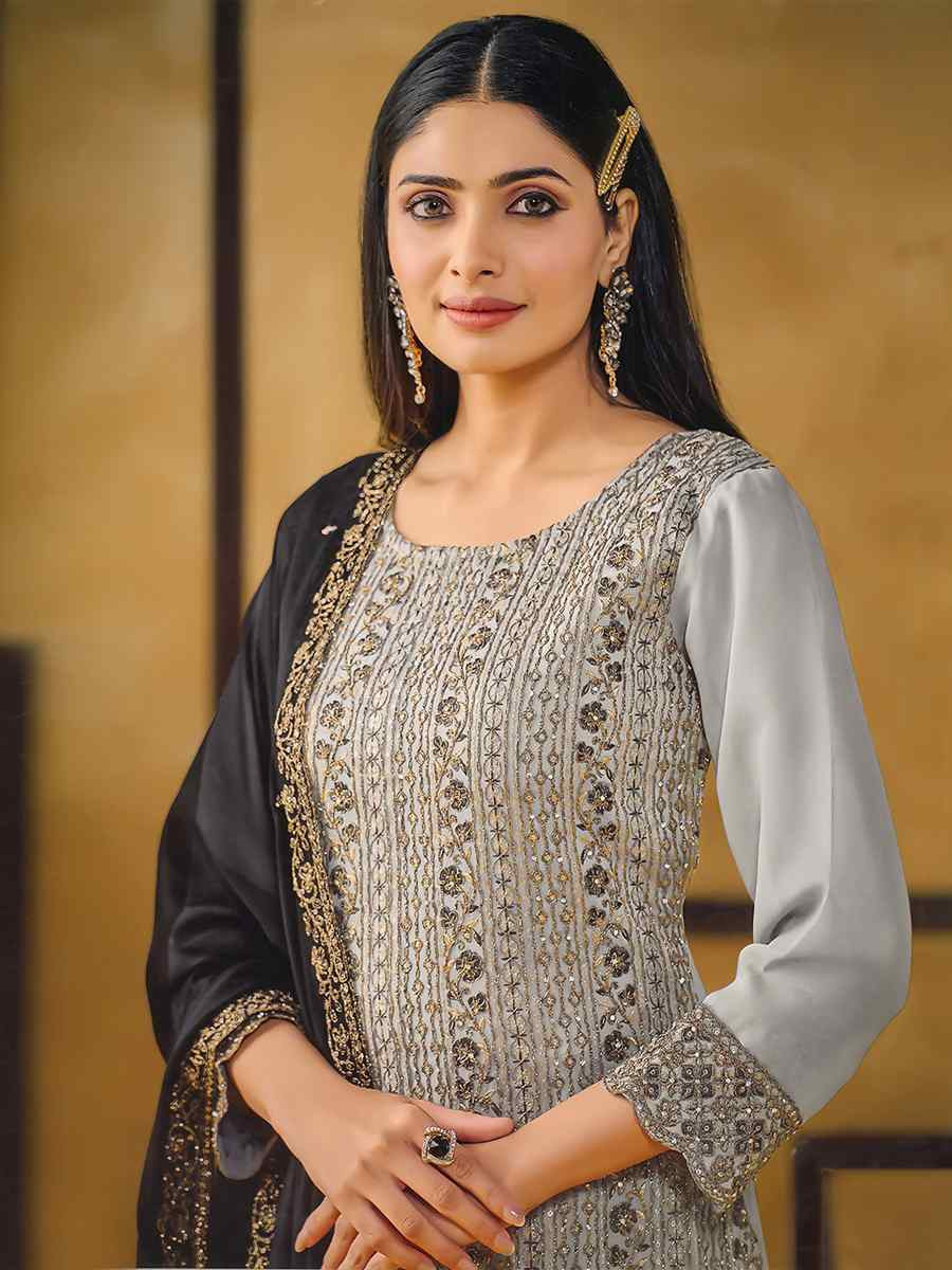 Grey Rangoli Silk Embroidered Festival Wedding Pant Salwar Kameez