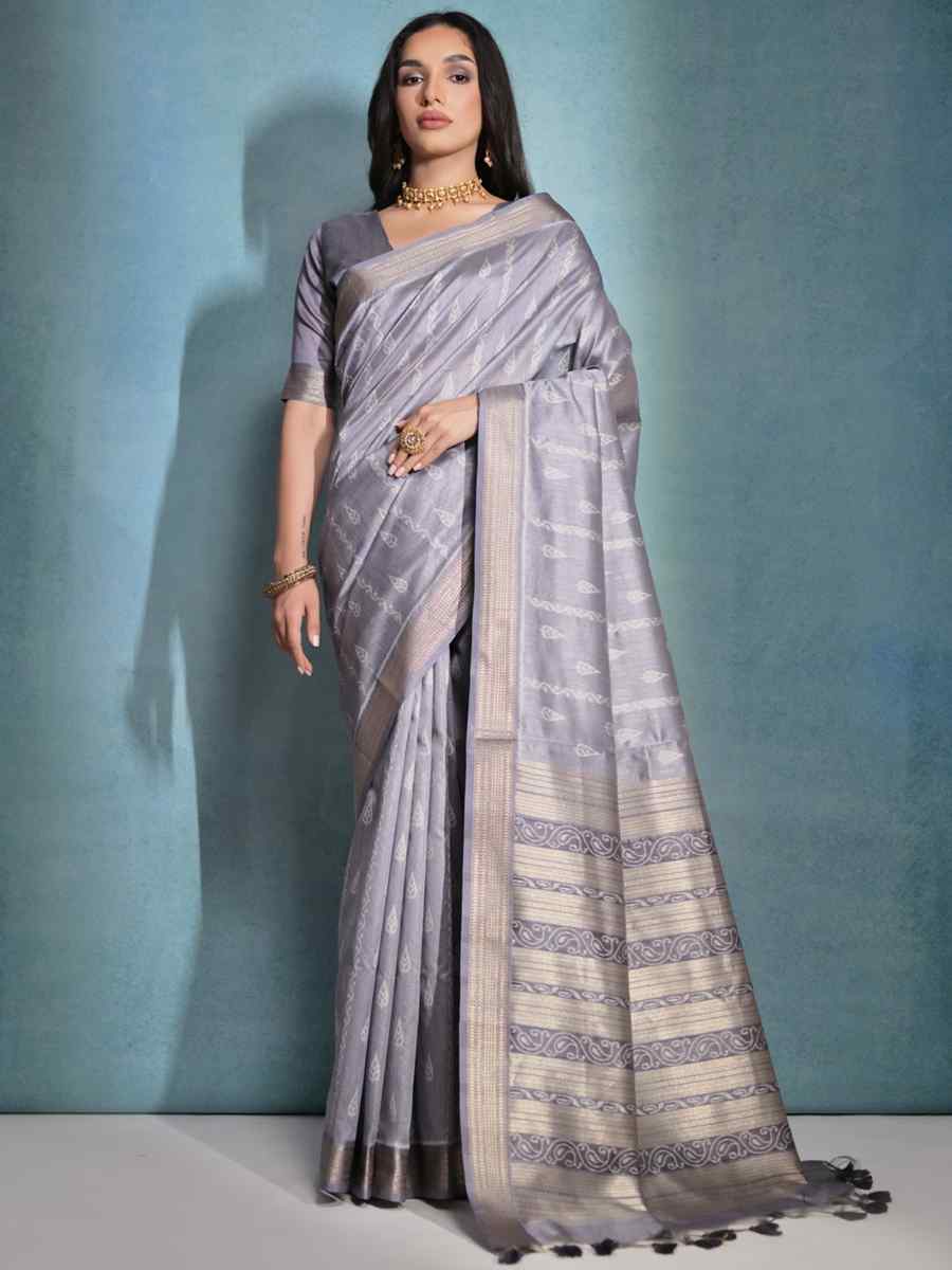 Grey Raw Silk Handwoven Casual Festival Classic Style Saree