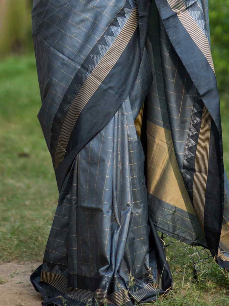 Grey Raw Silk Handwoven Party Festival Heavy Border Saree