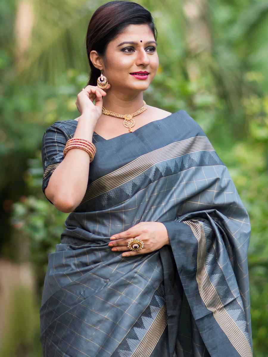 Grey Raw Silk Handwoven Party Festival Heavy Border Saree
