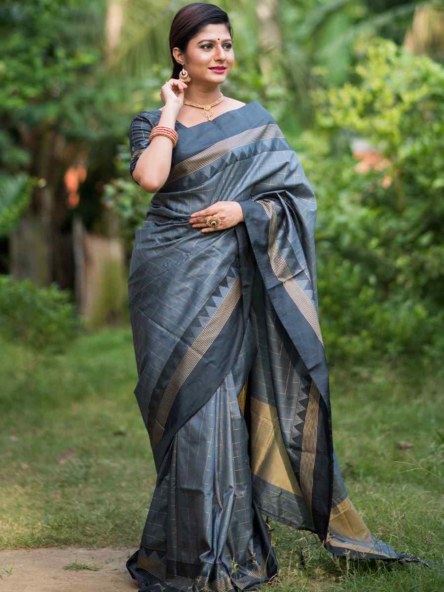 Grey Raw Silk Handwoven Party Festival Heavy Border Saree