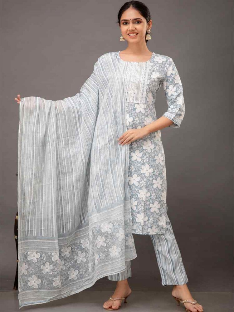 Grey Rayon Cotton Printed Festival Casual Ready Pant Salwar Kameez