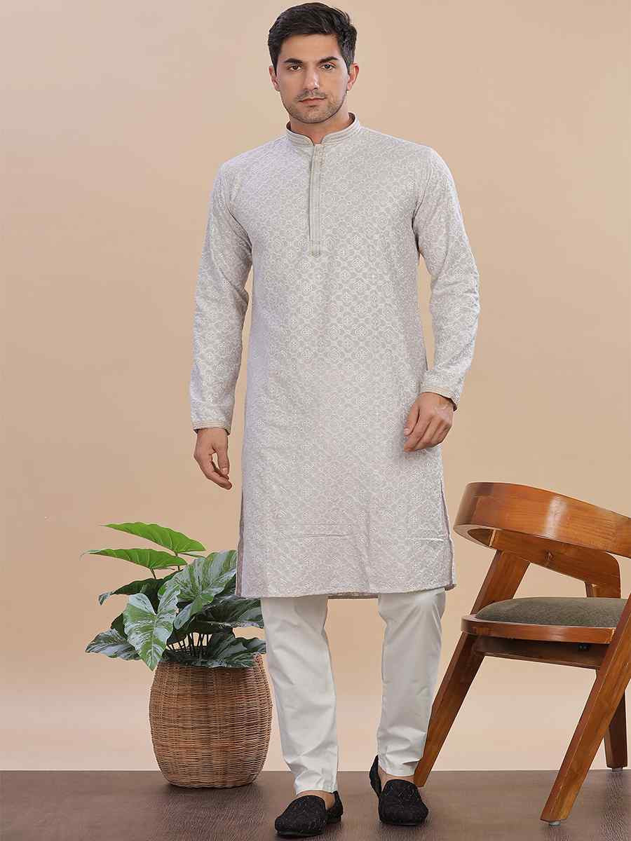 Grey Rayon Embroidered Party Wedding Kurta