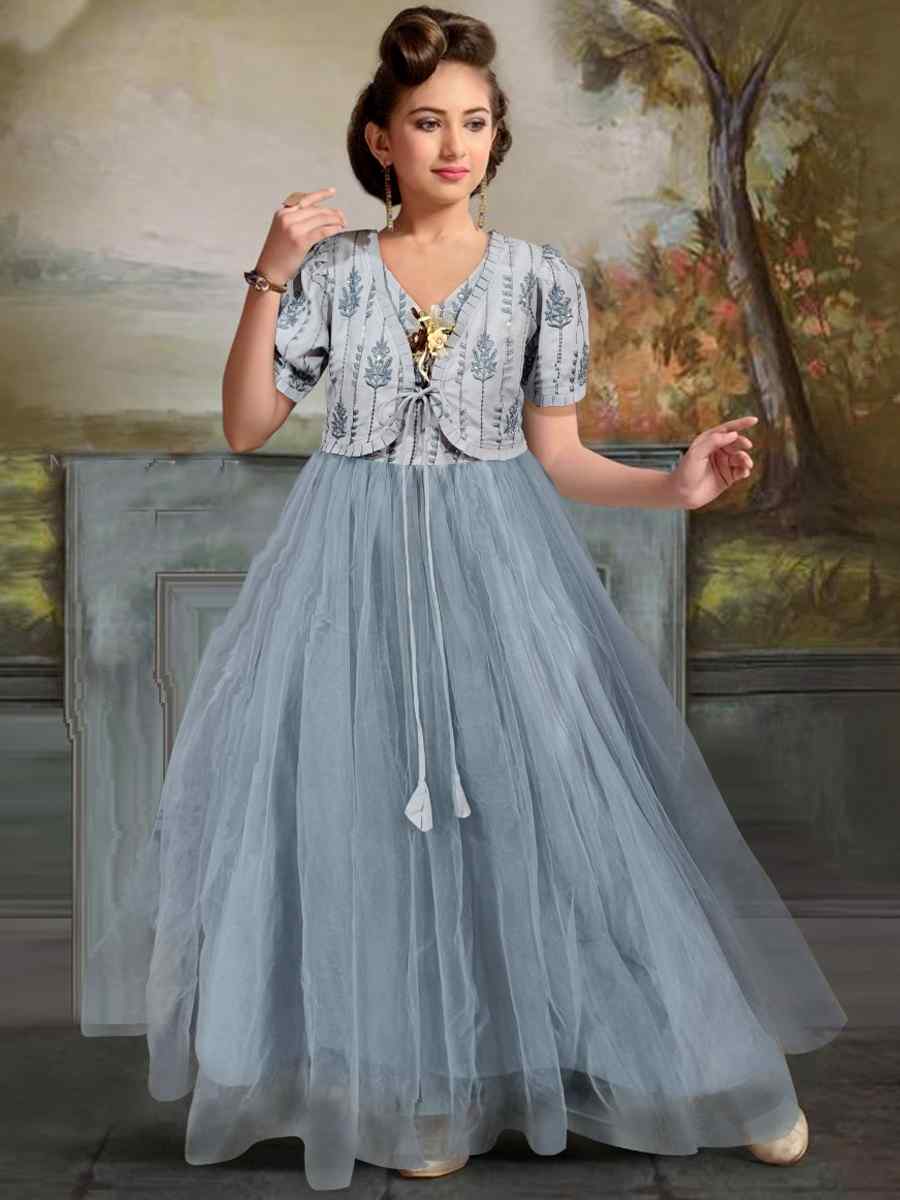 Grey Rayon Soft Net Embroidered Party Wedding Salwars Girls Wear