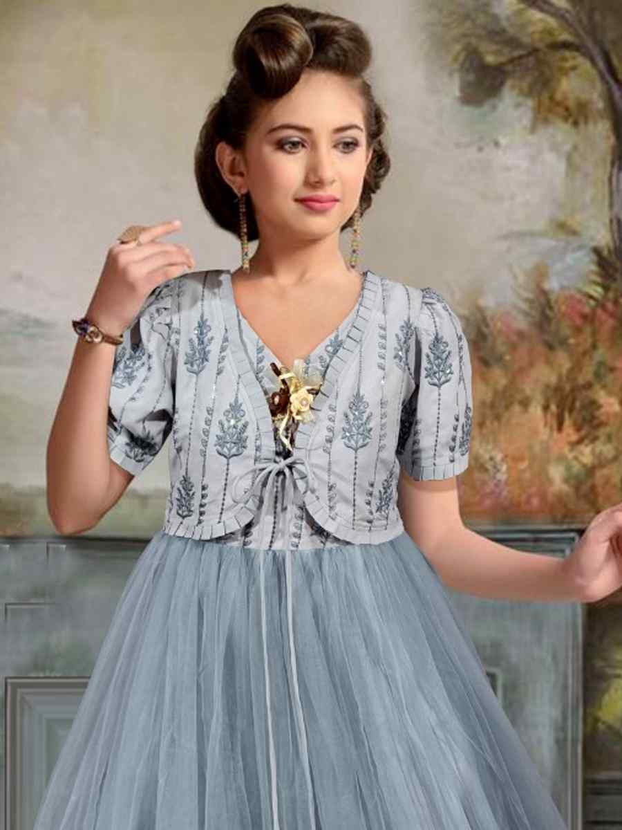 Grey Rayon Soft Net Embroidered Party Wedding Salwars Girls Wear