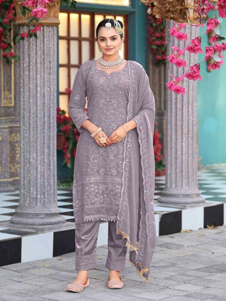 Image of Grey Real Premium Georgette Embroidery Party Wedding Festival Casual Ready Pant Salwar Kameez