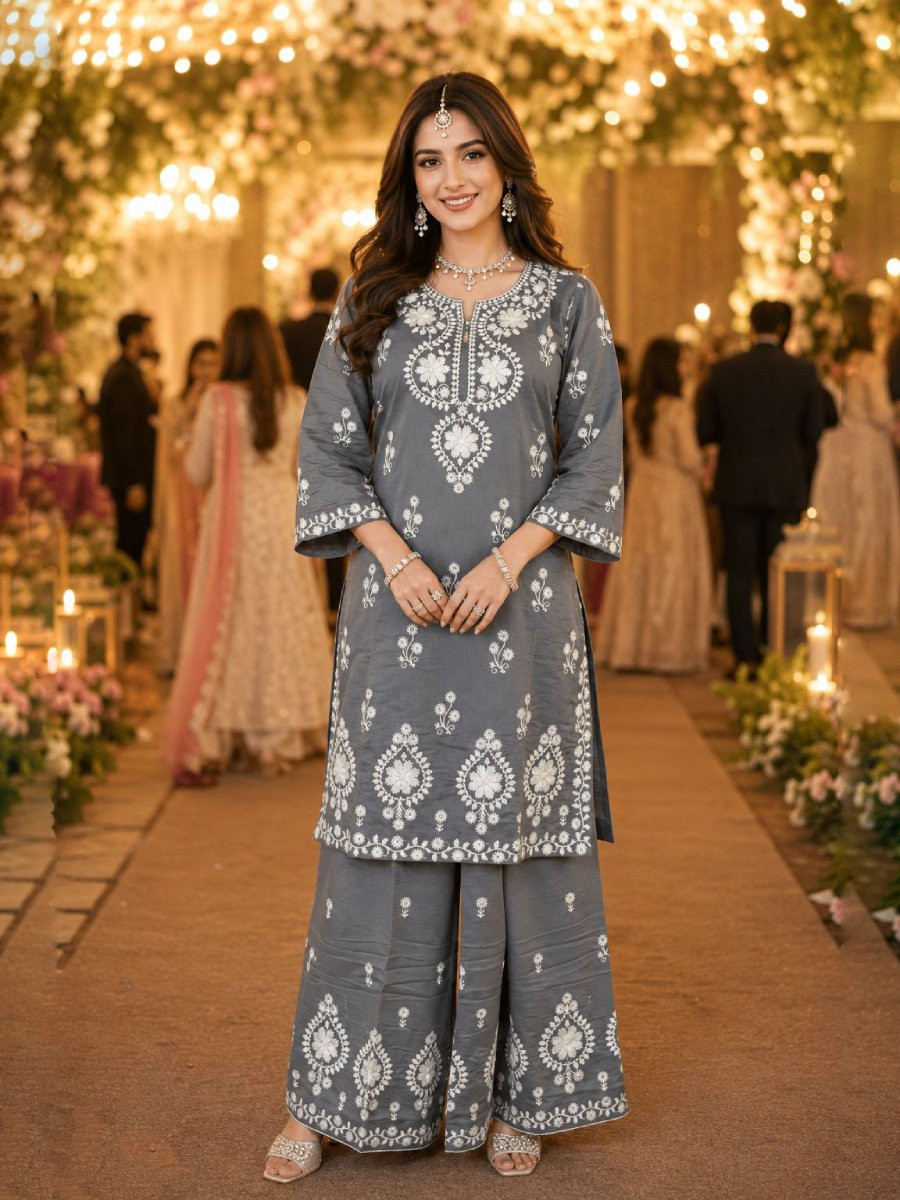 Grey Real Premium PV Chanderi Roman Silk Embroidered Wedding Party Festival Casual Kurti Bottom Women Wear