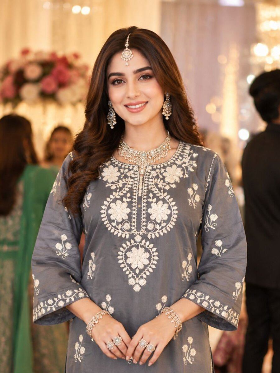 Grey Real Premium PV Chanderi Roman Silk Embroidered Wedding Party Festival Casual Kurti Bottom Women Wear