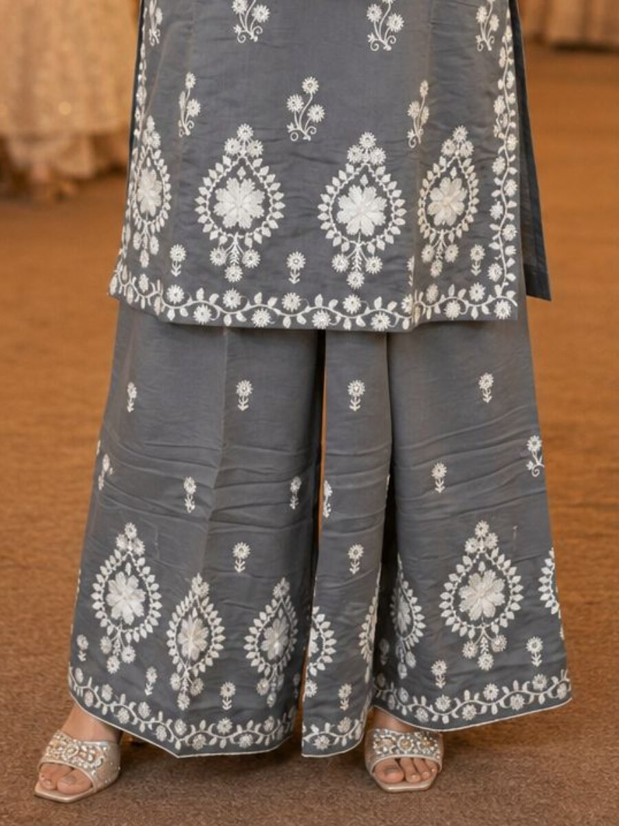 Grey Real Premium PV Chanderi Roman Silk Embroidered Wedding Party Festival Casual Kurti Bottom Women Wear