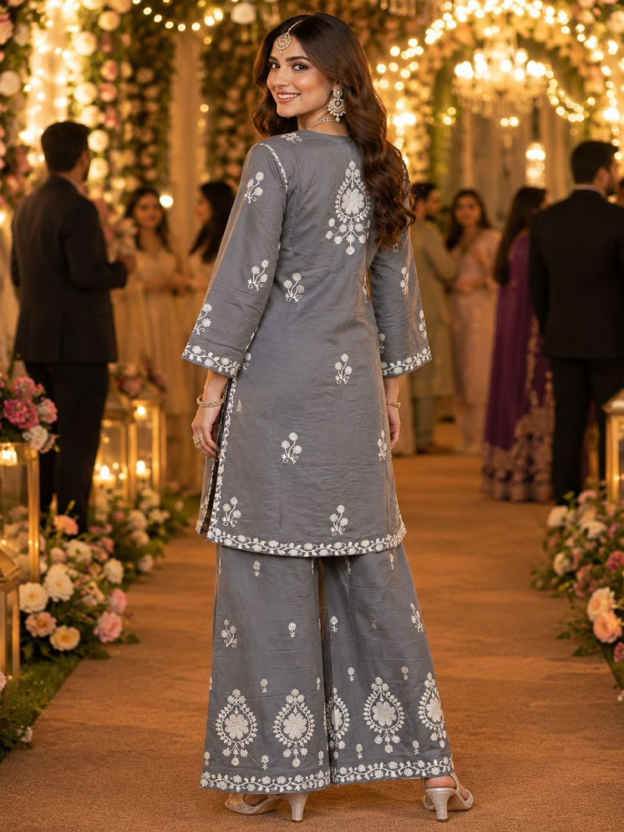 Grey Real Premium PV Chanderi Roman Silk Embroidered Wedding Party Festival Casual Kurti Bottom Women Wear