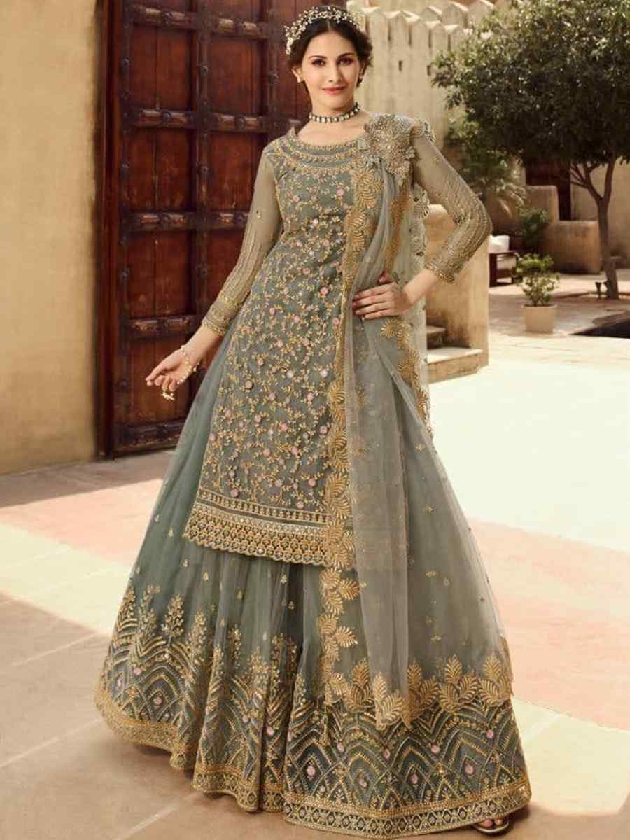 Grey Santoon Embroidered Bridesmaid Reception Kurti Lehenga Choli