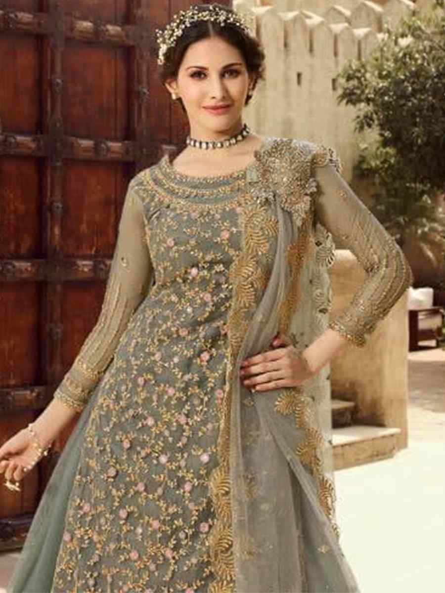 Grey Santoon Embroidered Bridesmaid Reception Kurti Lehenga Choli