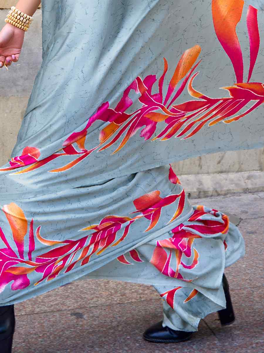 Grey Satin Crepe Printed Casual Festival Contemporary Saree