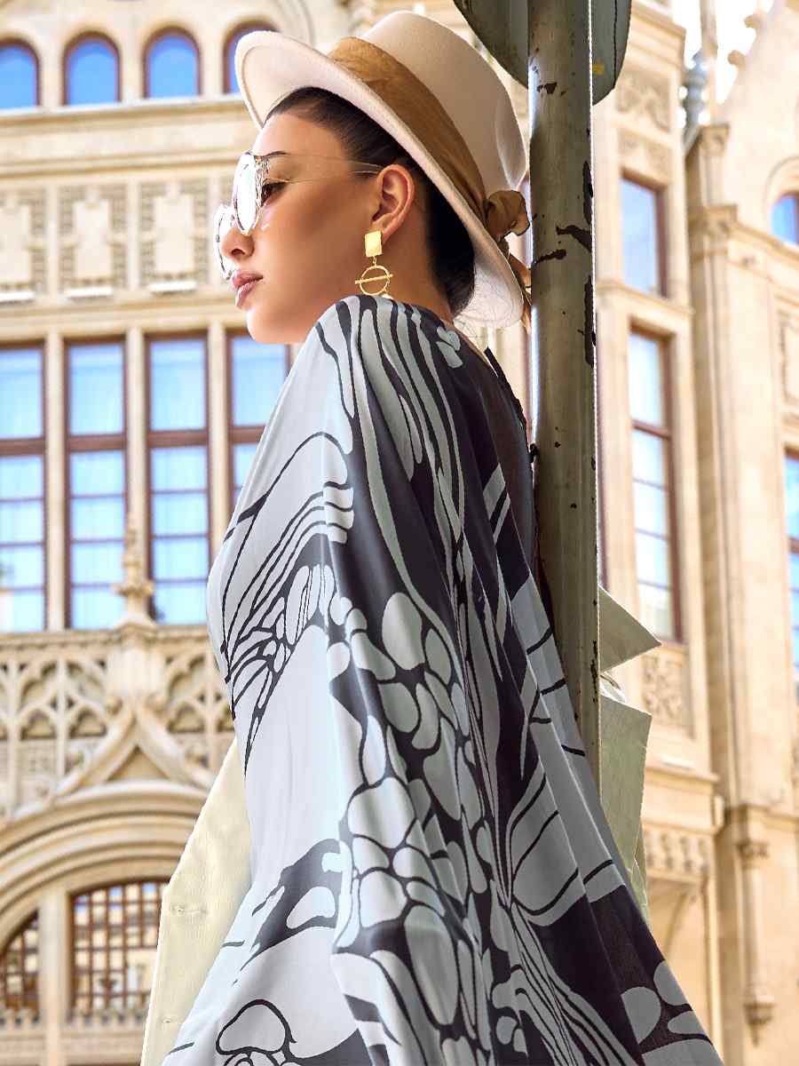 Grey Satin Crepe Printed Casual Festival Contemporary Saree