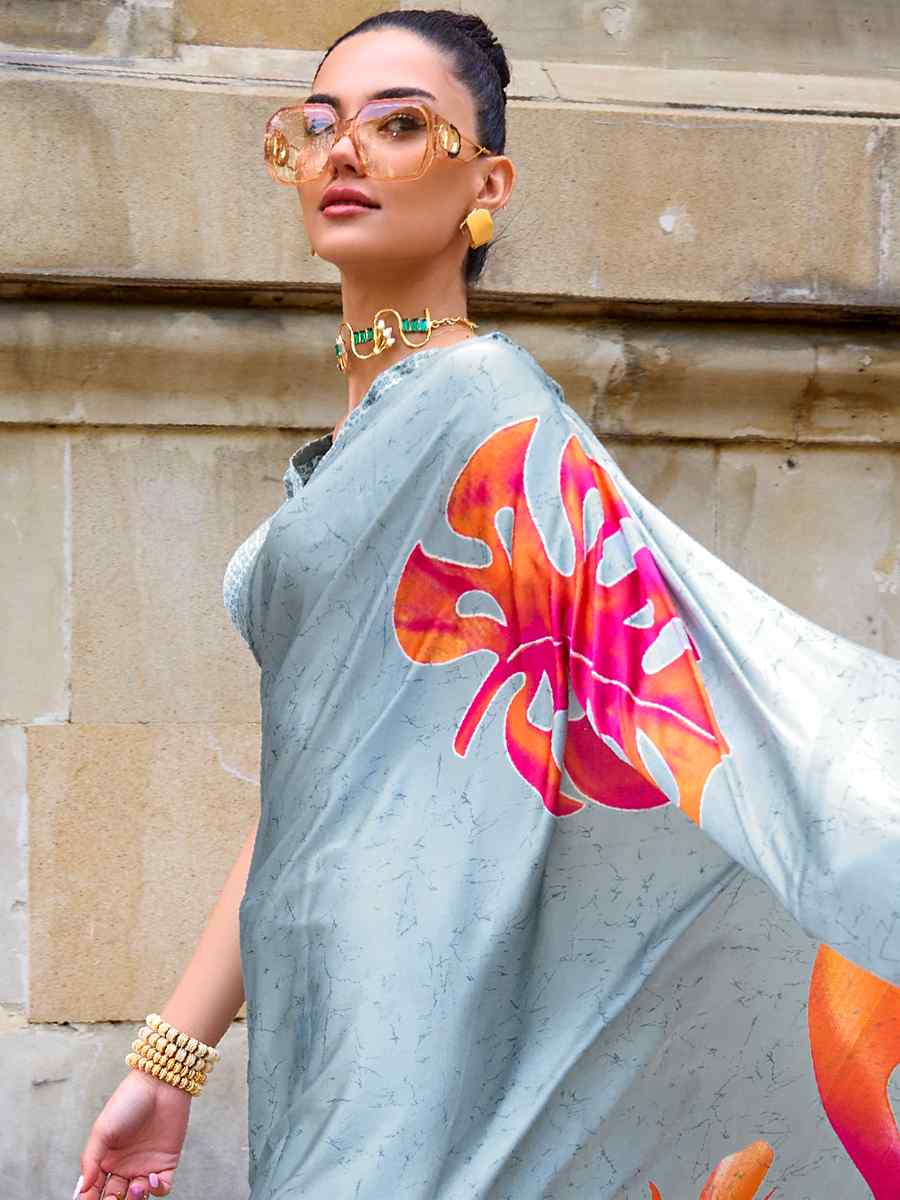 Grey Satin Crepe Printed Casual Festival Contemporary Saree