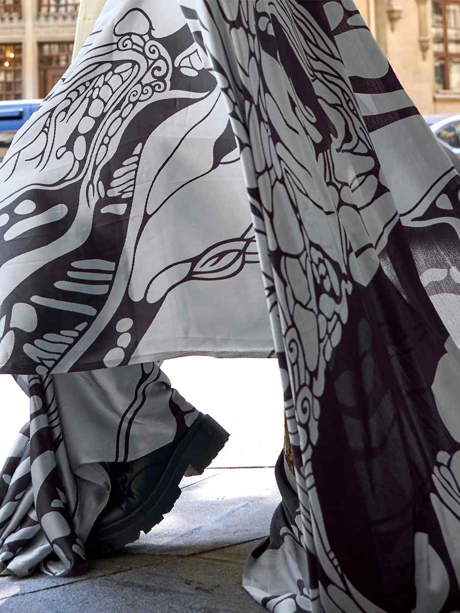 Grey Satin Crepe Printed Casual Festival Contemporary Saree