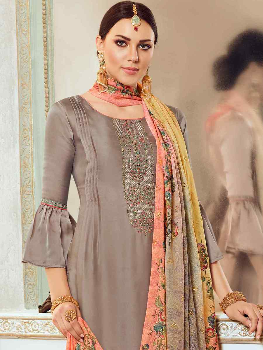 Grey Satin Georgette Embroidered Festival Casual Palazzo Pant Salwar Kameez