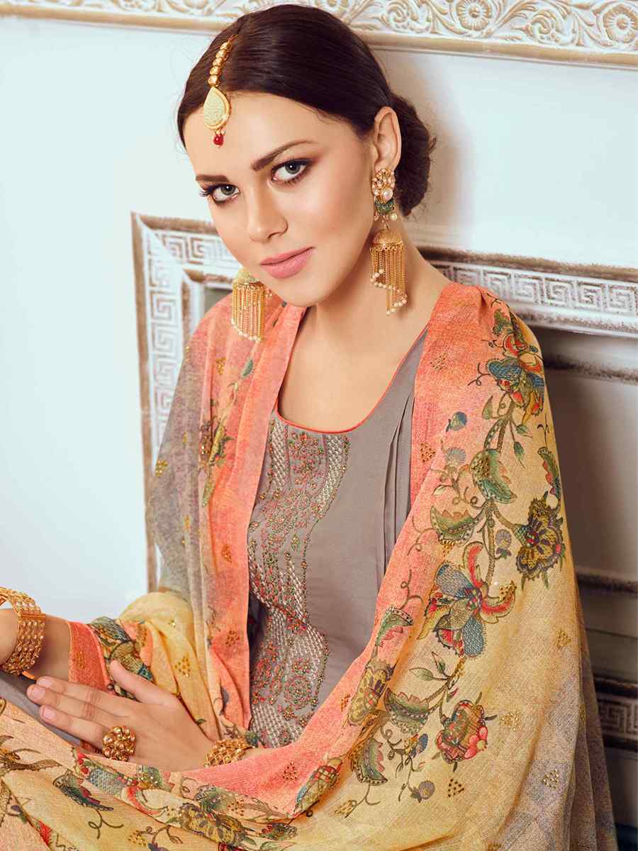 Grey Satin Georgette Embroidered Festival Casual Palazzo Pant Salwar Kameez