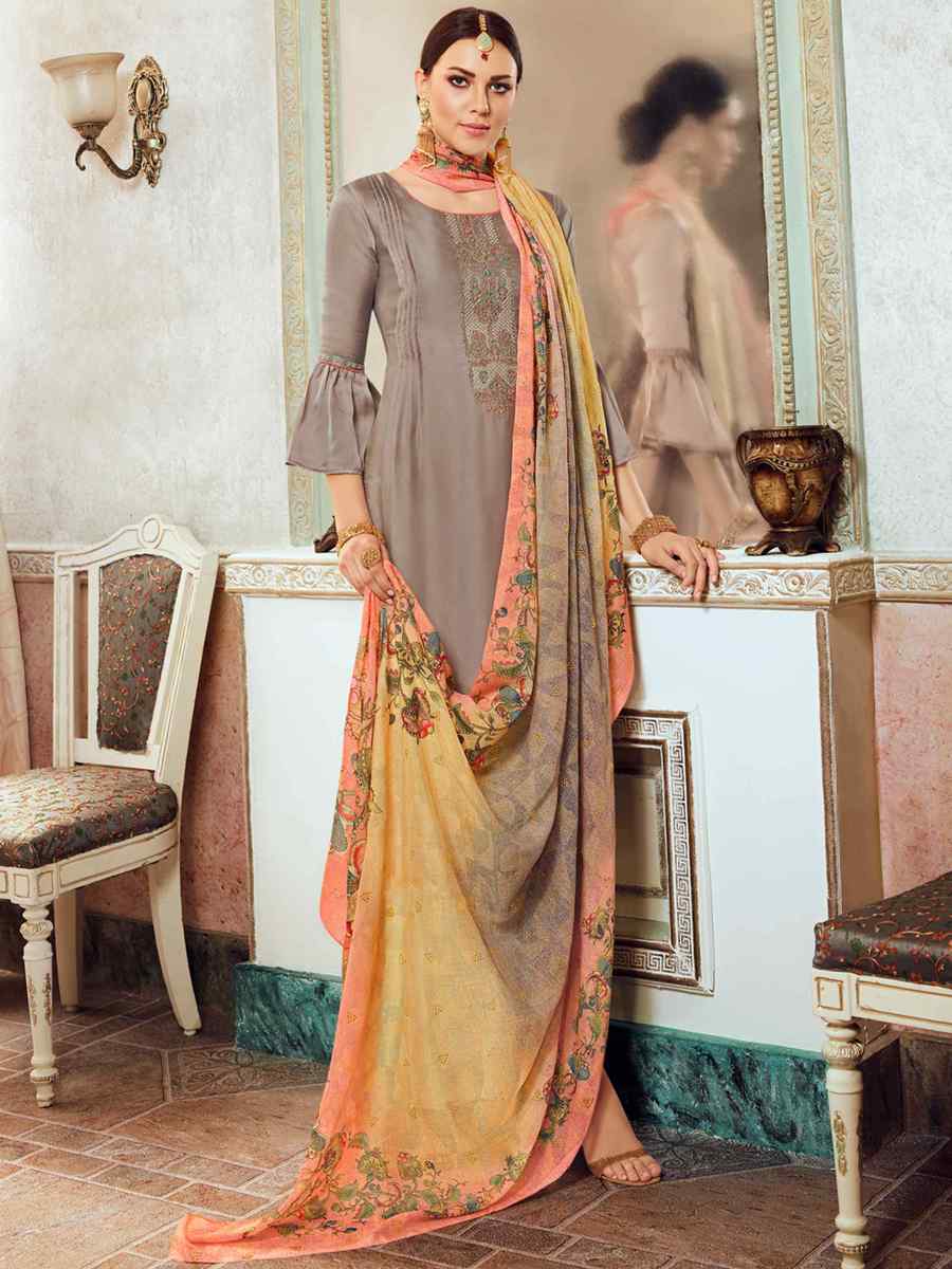 Grey Satin Georgette Embroidered Festival Casual Palazzo Pant Salwar Kameez