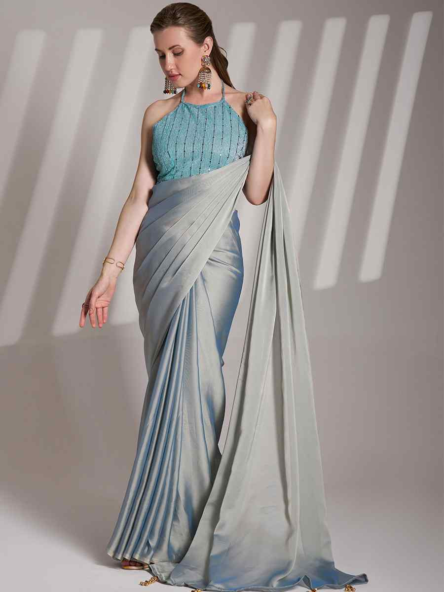 Grey Satin Rangoli Solid Casual Festival Classic Style Saree