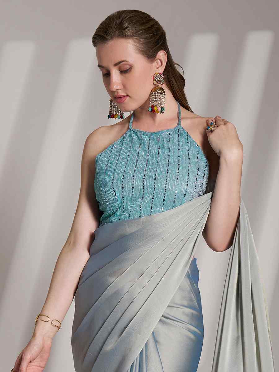 Grey Satin Rangoli Solid Casual Festival Classic Style Saree
