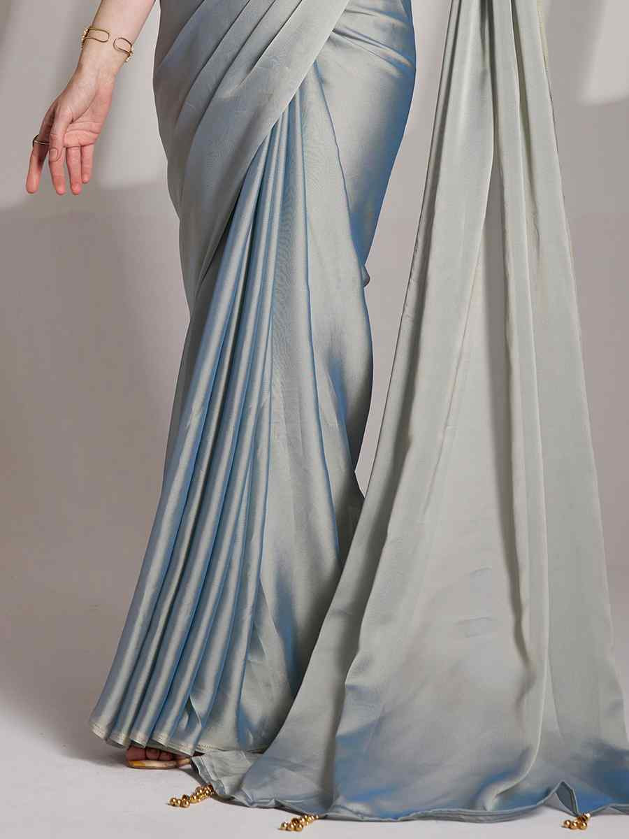 Grey Satin Rangoli Solid Casual Festival Classic Style Saree