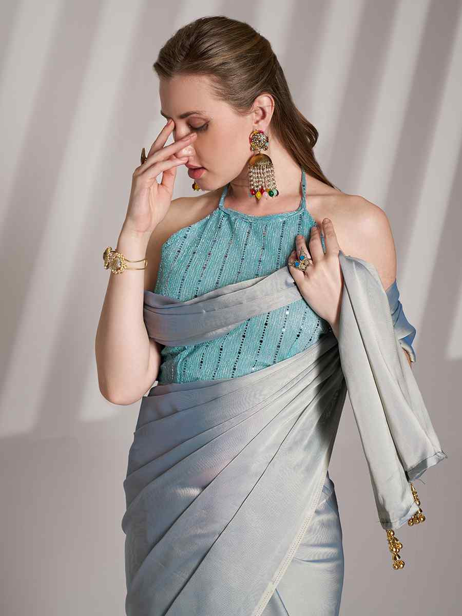 Grey Satin Rangoli Solid Casual Festival Classic Style Saree