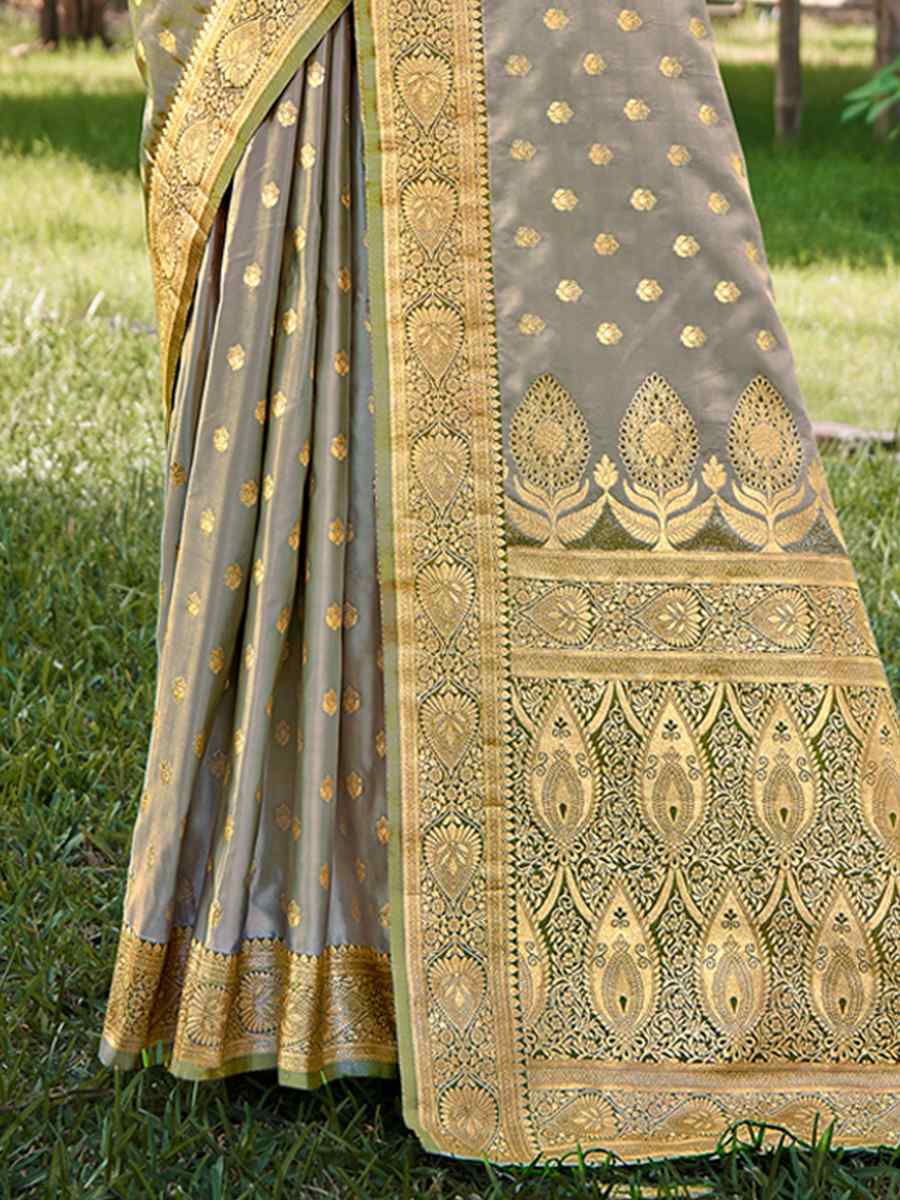 Grey Satin Silk Handwoven Wedding Festival Heavy Border Saree
