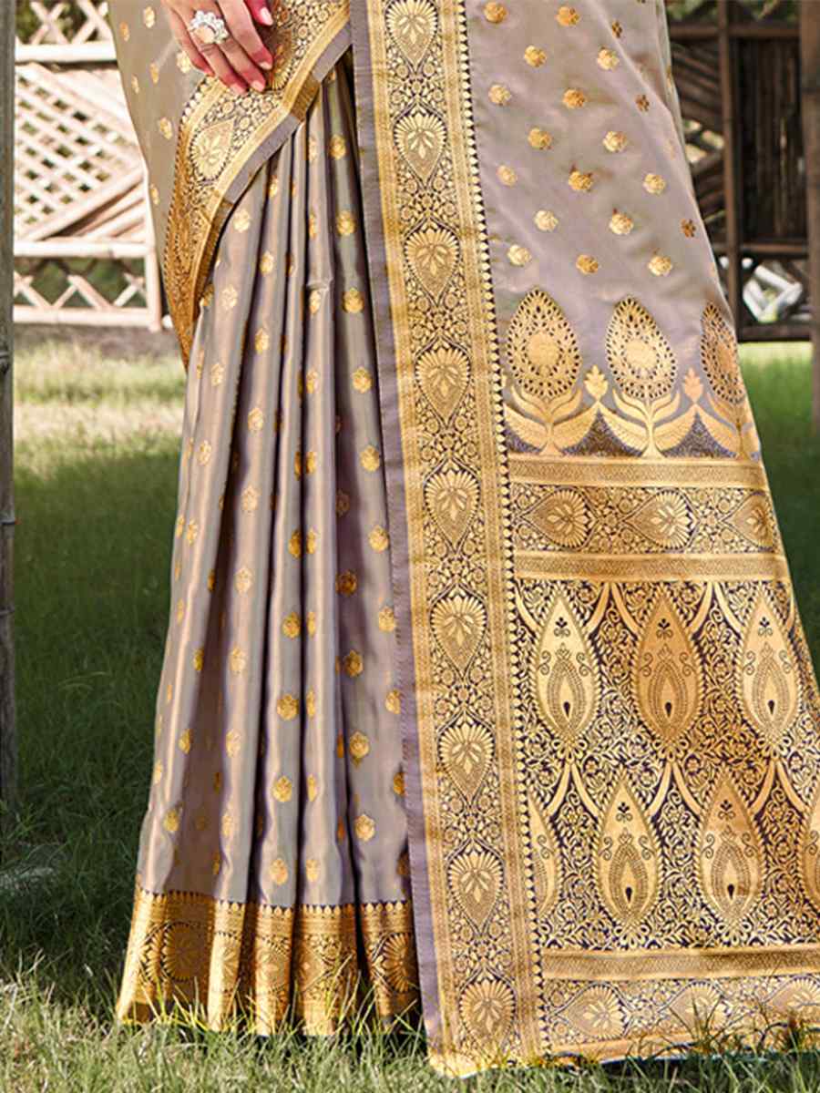 Grey Satin Silk Handwoven Wedding Festival Heavy Border Saree