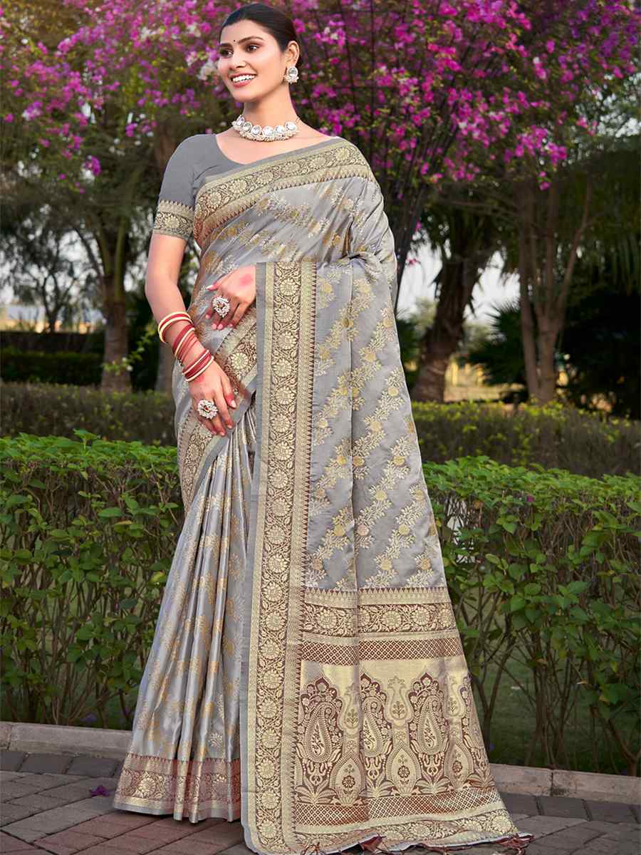 Grey Satin Silk Handwoven Wedding Festival Heavy Border Saree