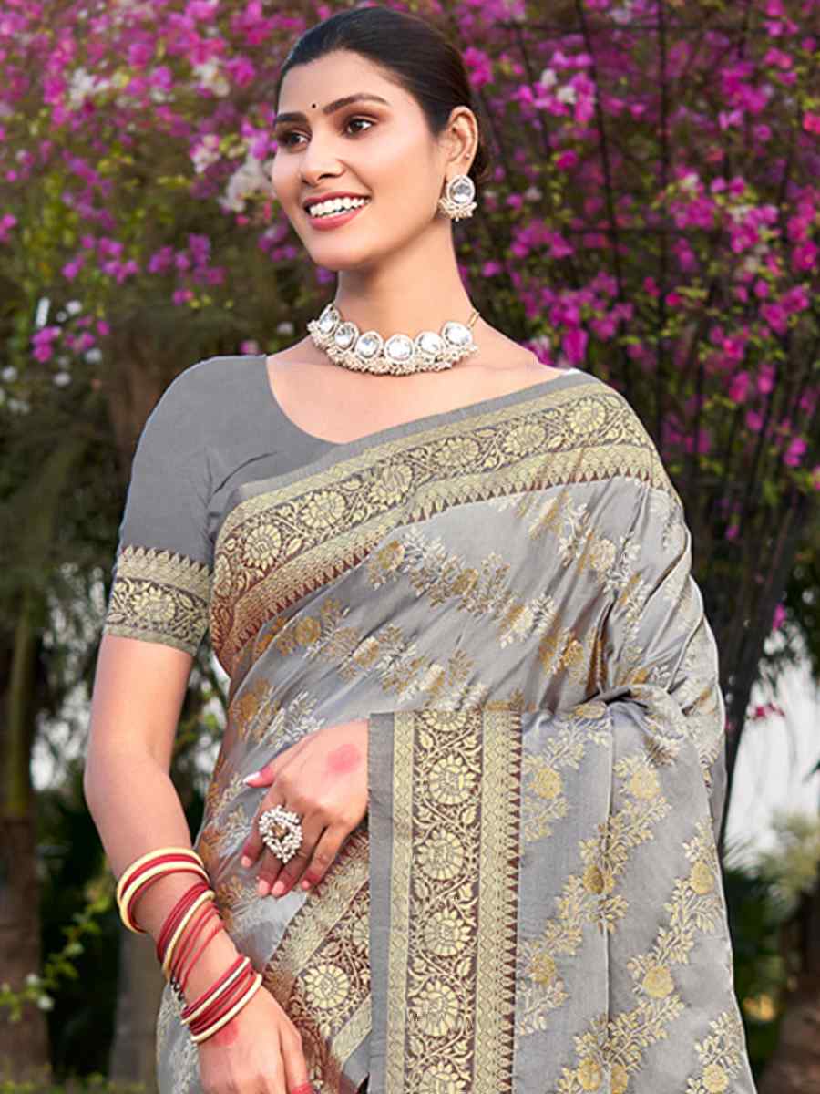 Grey Satin Silk Handwoven Wedding Festival Heavy Border Saree