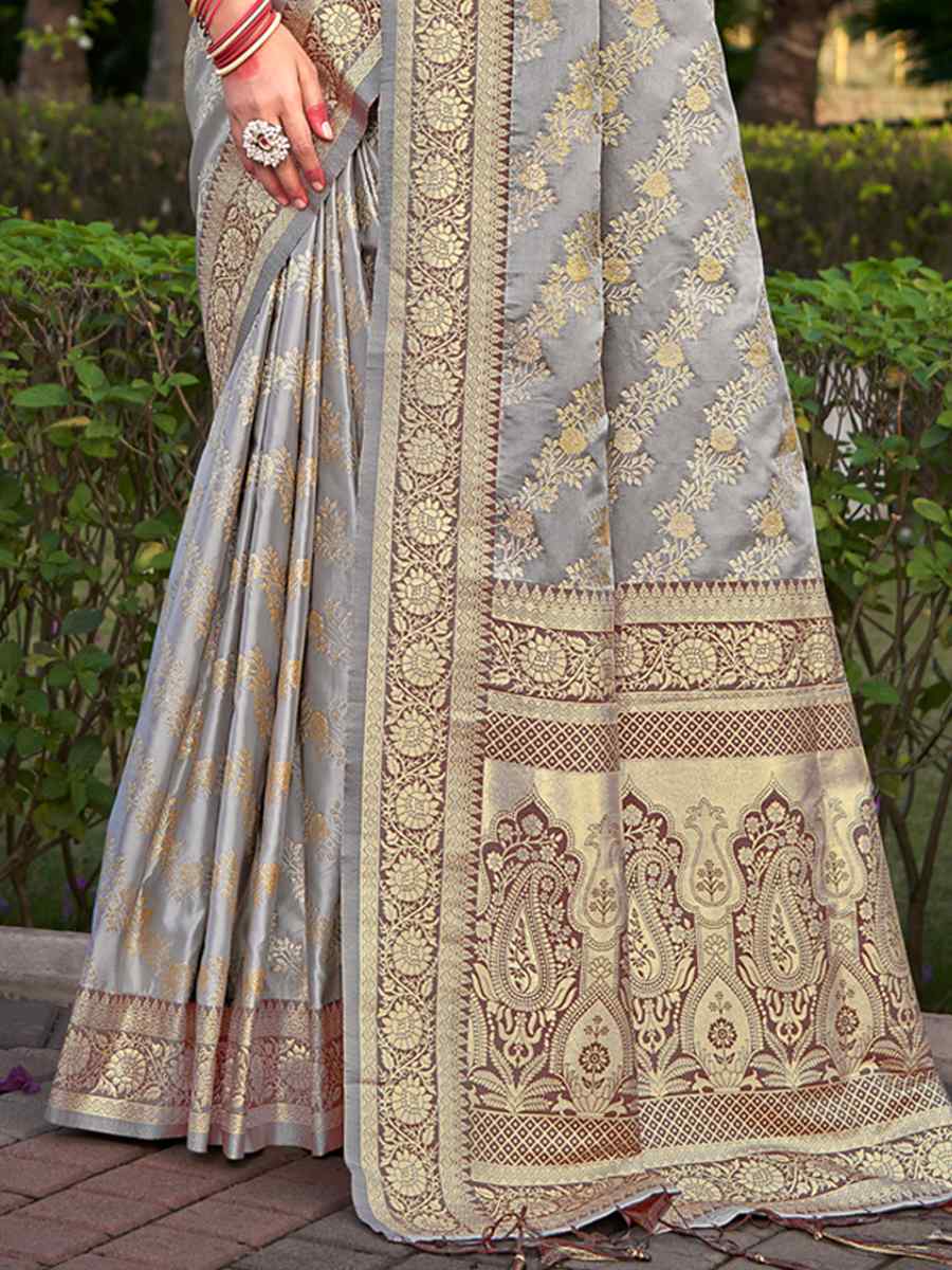 Grey Satin Silk Handwoven Wedding Festival Heavy Border Saree