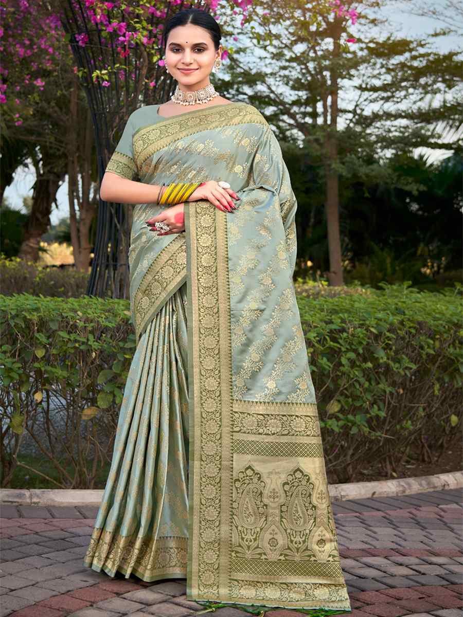 Grey Satin Silk Handwoven Wedding Festival Heavy Border Saree