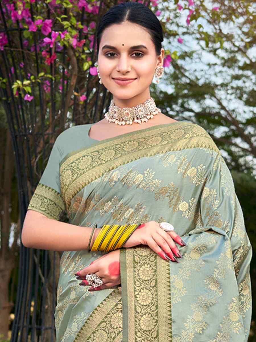 Grey Satin Silk Handwoven Wedding Festival Heavy Border Saree