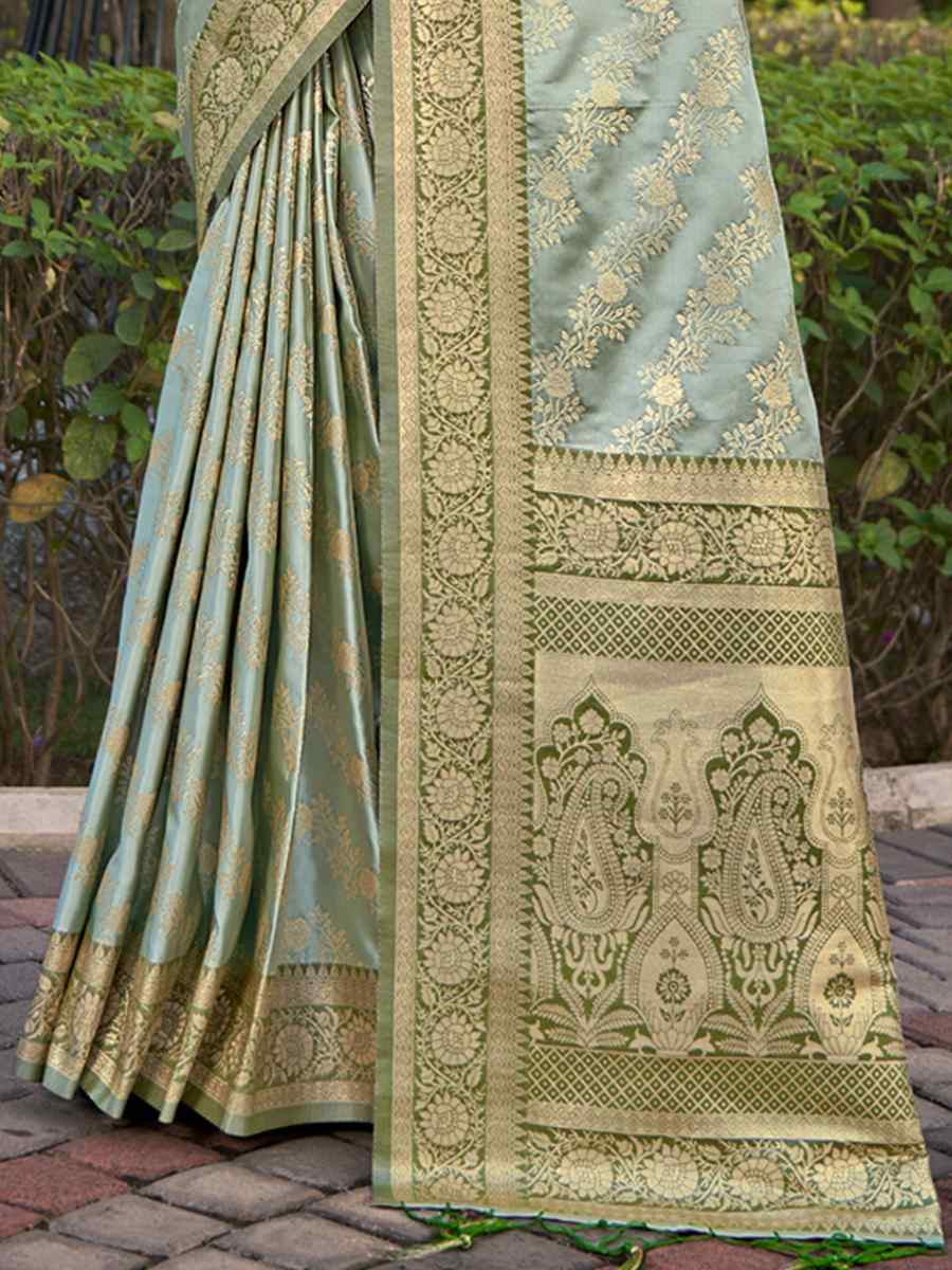 Grey Satin Silk Handwoven Wedding Festival Heavy Border Saree