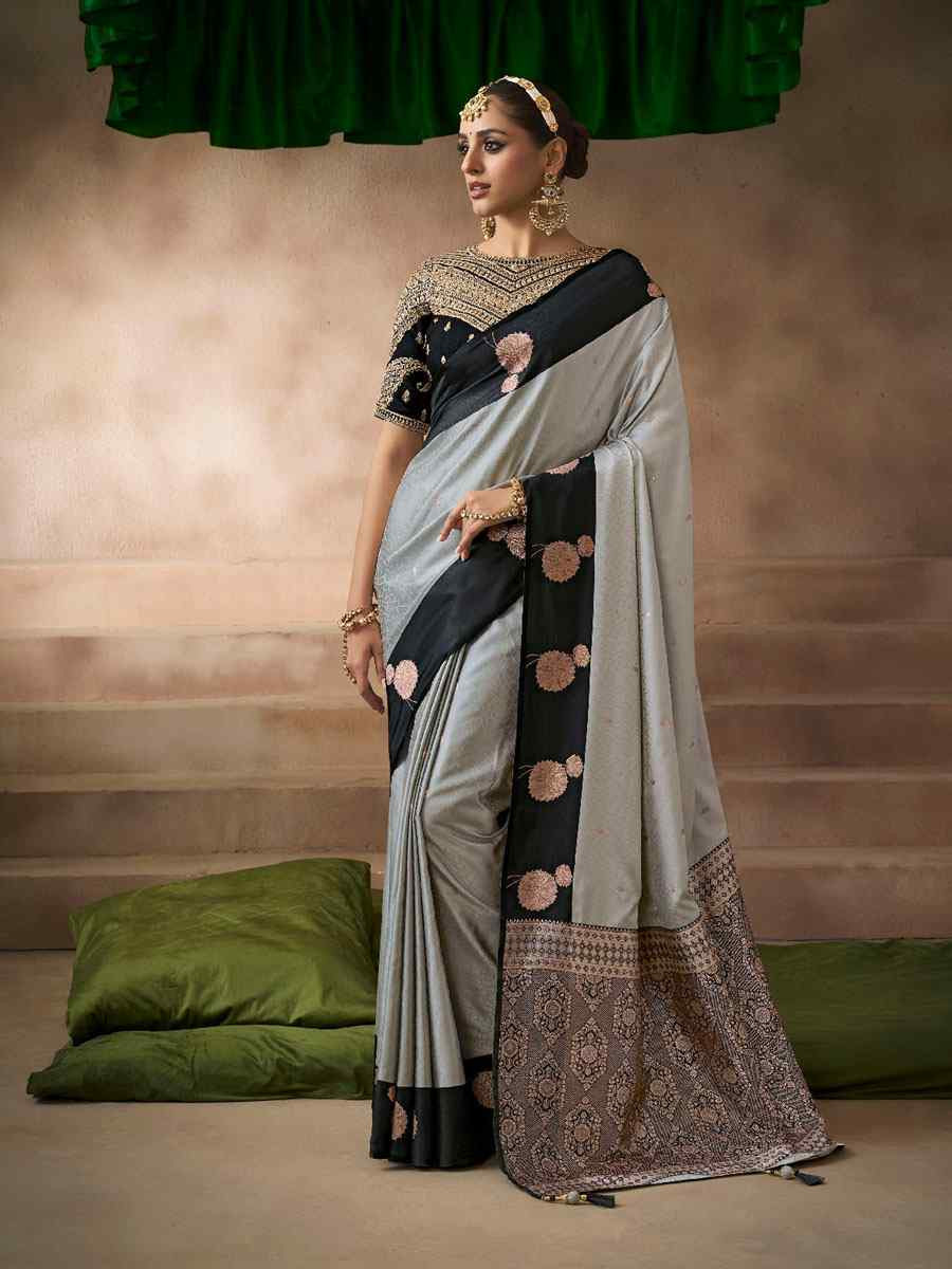 Grey Satin Silk Handwoven Zari Work Traditional Bridal Reception Festival Wedding Fancy Heavy Border Saree