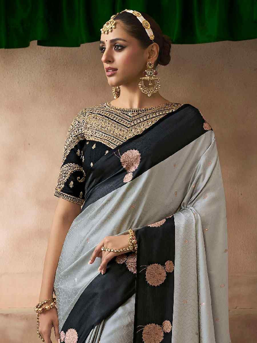 Grey Satin Silk Handwoven Zari Work Traditional Bridal Reception Festival Wedding Fancy Heavy Border Saree