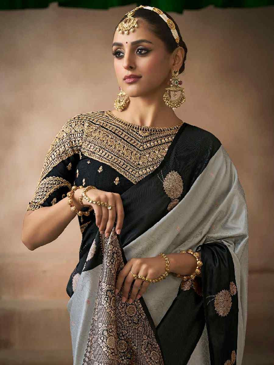 Grey Satin Silk Handwoven Zari Work Traditional Bridal Reception Festival Wedding Fancy Heavy Border Saree