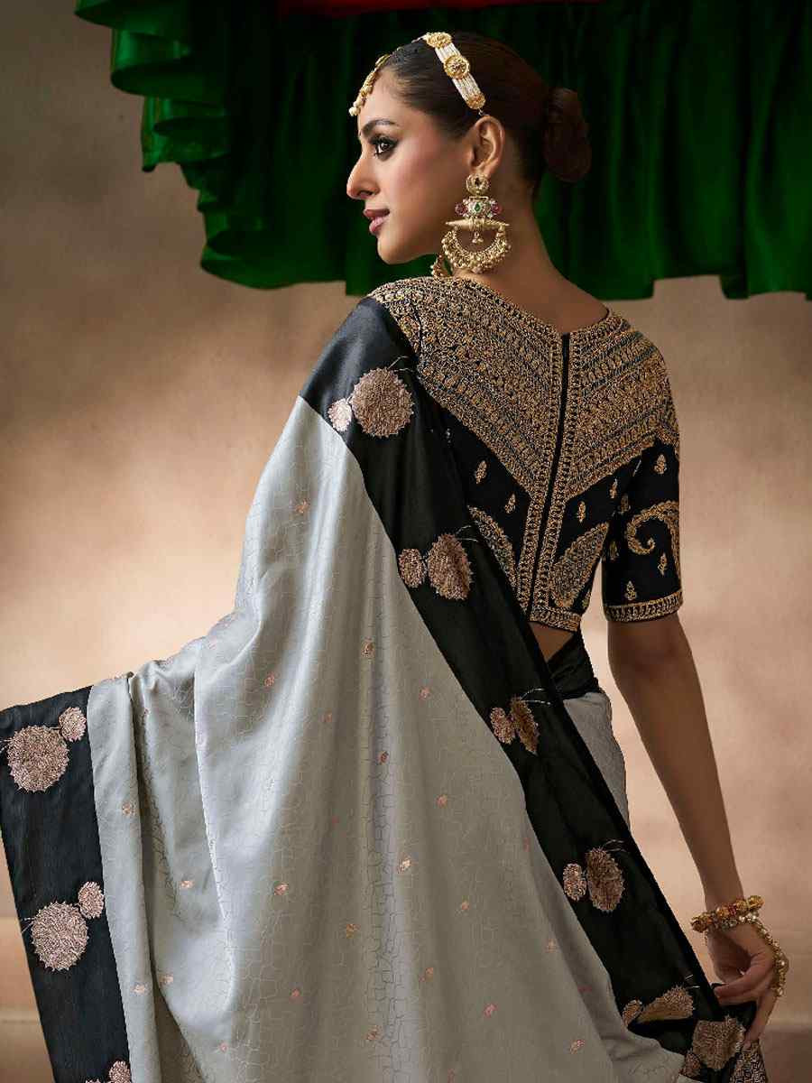 Grey Satin Silk Handwoven Zari Work Traditional Bridal Reception Festival Wedding Fancy Heavy Border Saree