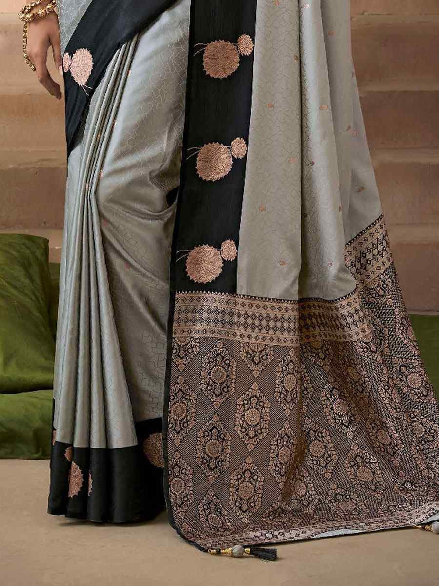 Grey Satin Silk Handwoven Zari Work Traditional Bridal Reception Festival Wedding Fancy Heavy Border Saree