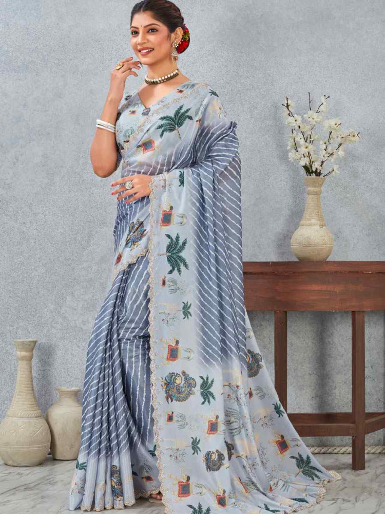 Image of Grey Satin Silk Printed Traditional Casual Reception Festival Wedding Fancy Heavy Border Saree