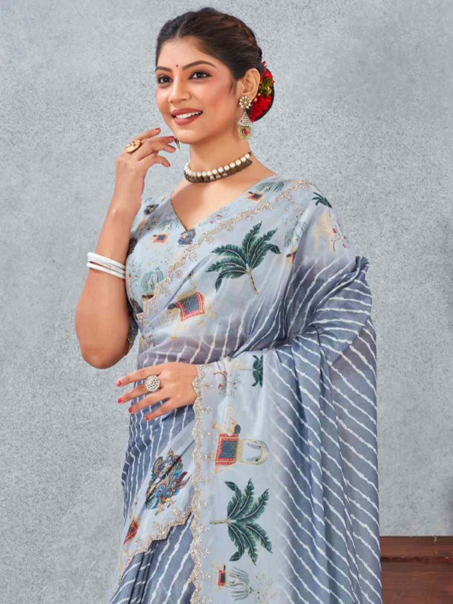 Grey Satin Silk Printed Traditional Casual Reception Festival Wedding Fancy Heavy Border Saree