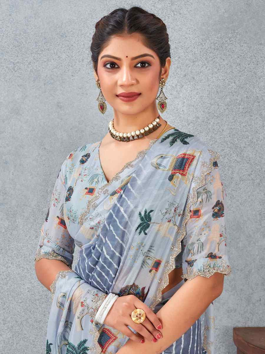 Grey Satin Silk Printed Traditional Casual Reception Festival Wedding Fancy Heavy Border Saree