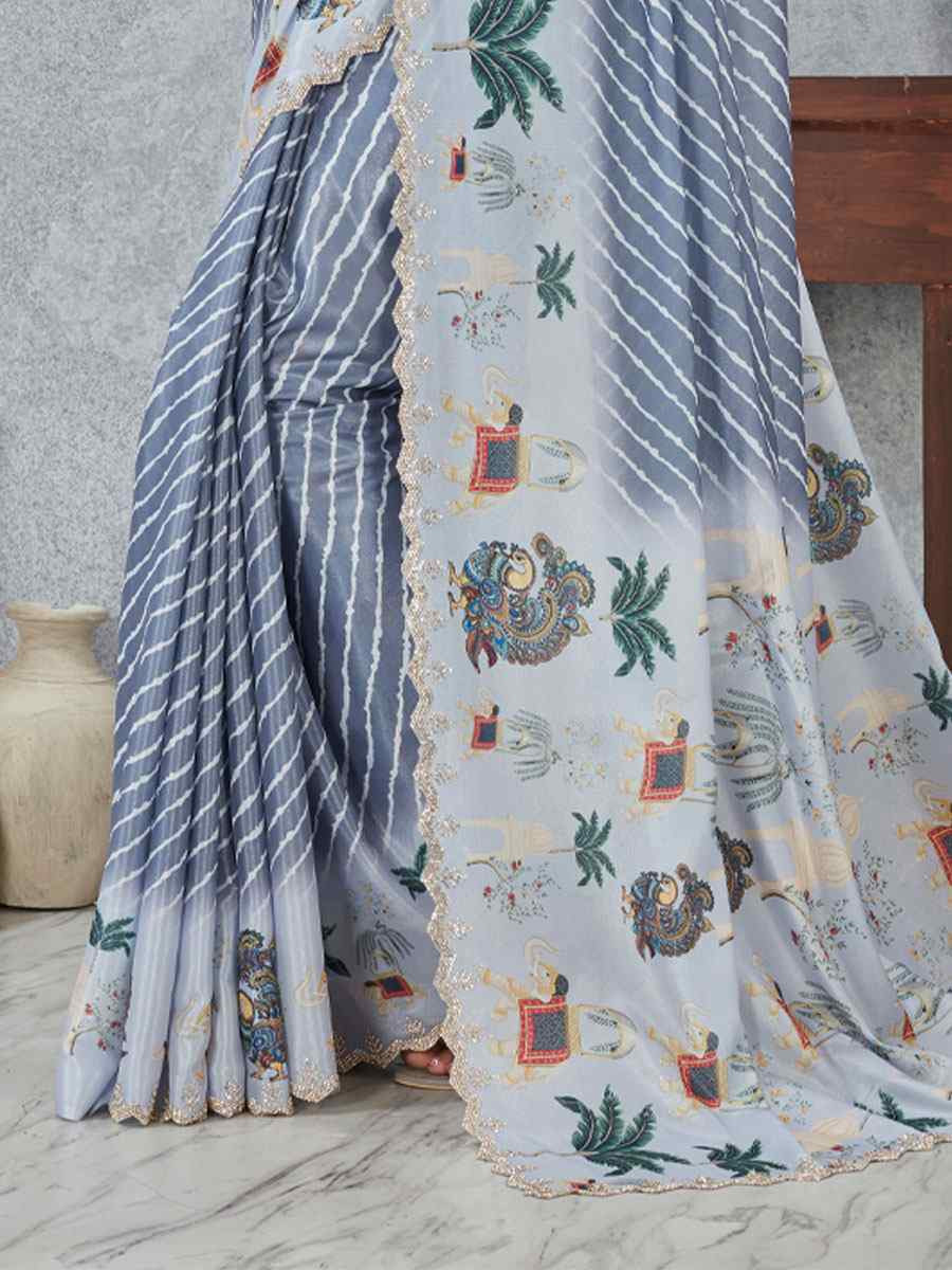 Grey Satin Silk Printed Traditional Casual Reception Festival Wedding Fancy Heavy Border Saree