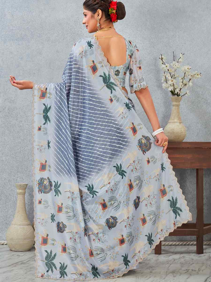 Grey Satin Silk Printed Traditional Casual Reception Festival Wedding Fancy Heavy Border Saree